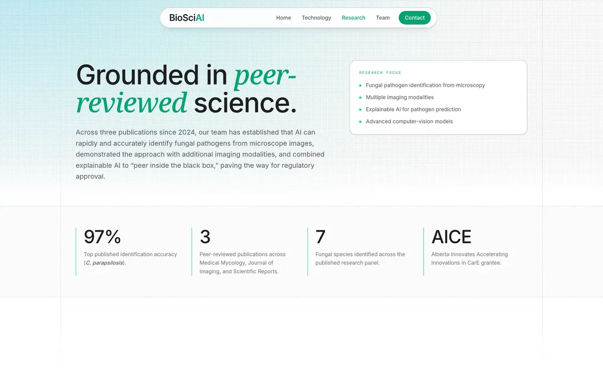 BioSciAI research page with publication statistics