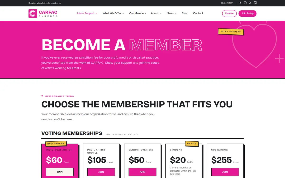 CARFAC Alberta membership tiers with online checkout