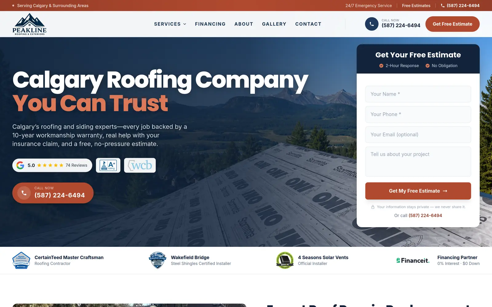 Peakline Roofing & Exteriors website homepage, custom web design by Edmonton Web Design Company