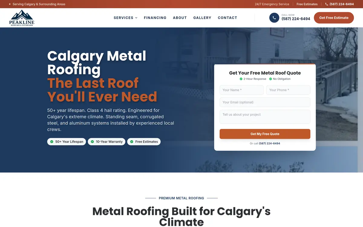 Peakline Roofing Calgary metal roofing landing page
