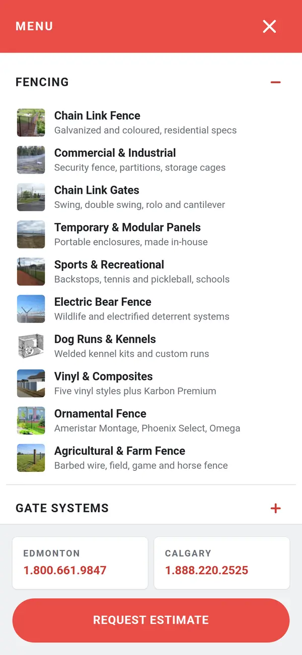 Phoenix Fence mobile menu with the Fencing group open