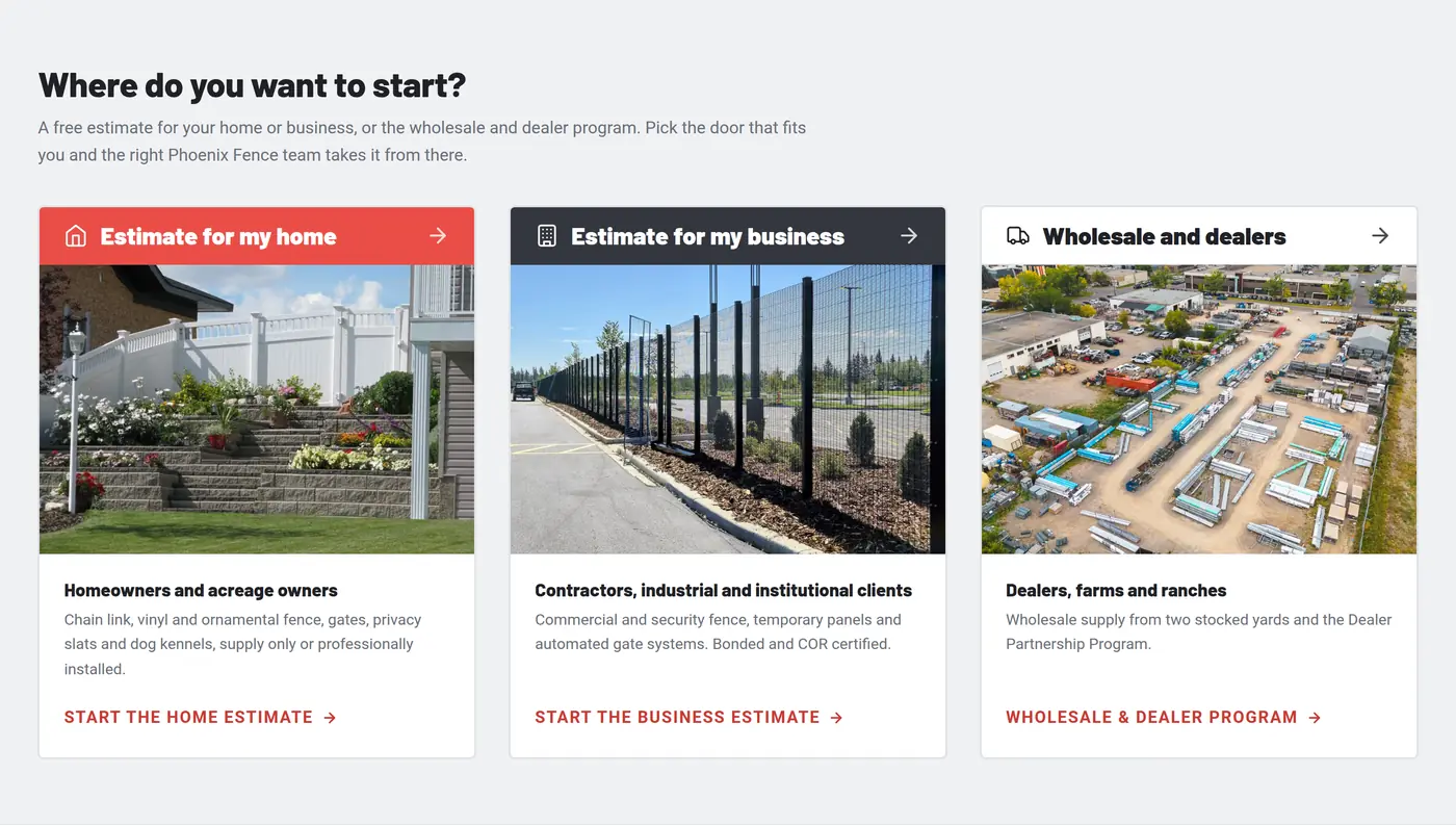 Phoenix Fence home page estimate pathways for homeowners, businesses and dealers