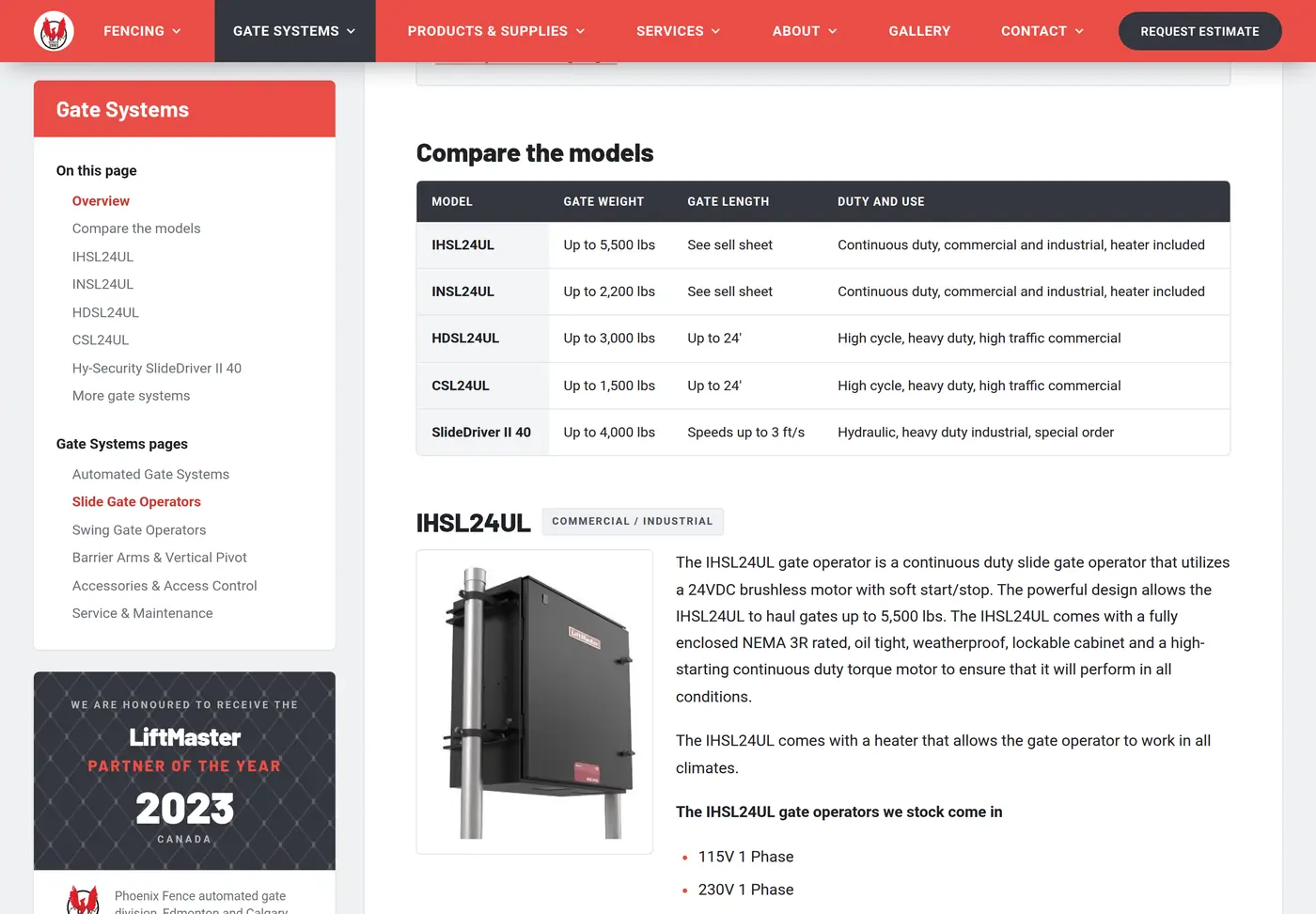 Phoenix Fence slide gate operators page with a model comparison table
