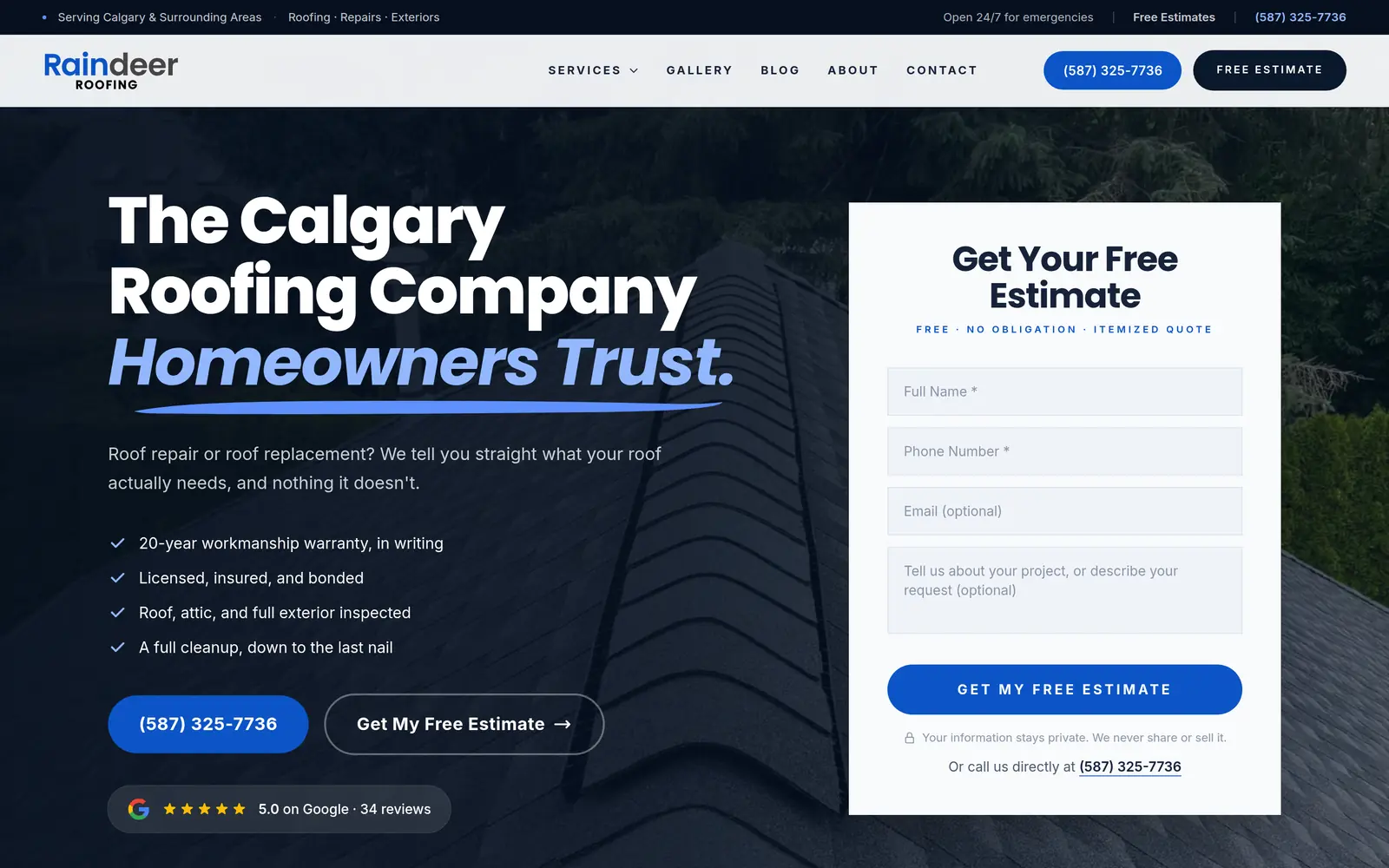Raindeer Roofing, a Calgary roofing company, website home page designed by Edmonton Web Design Company