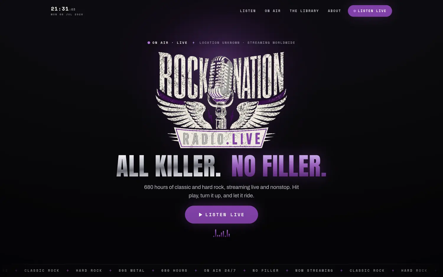 Rock Nation Radio homepage, custom dark-mode web design by Edmonton Web Design Company