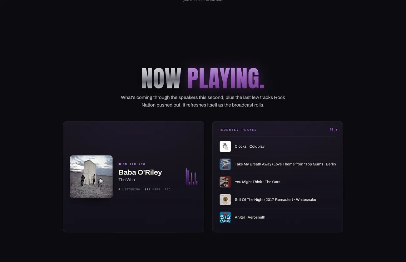 Rock Nation Radio now-playing section with live track and recently played list