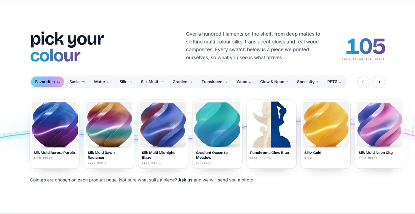 TKA Custom Printing colour library section with 105 filaments