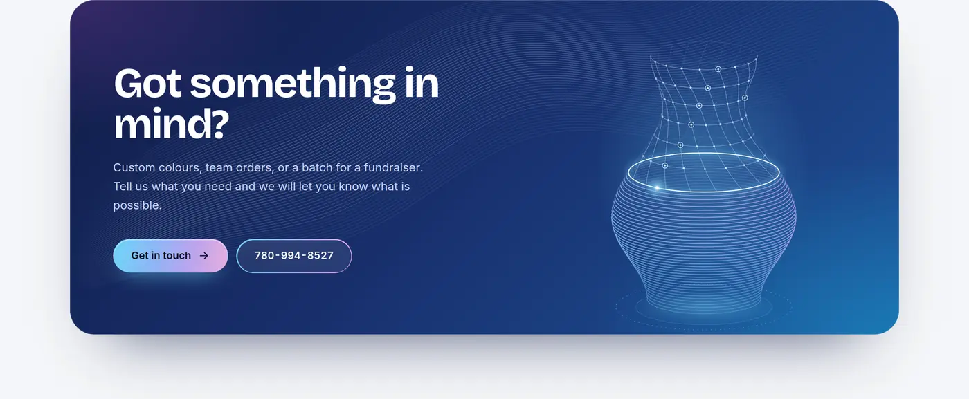 TKA Custom Printing call-to-action panel with a wireframe vase mid-print