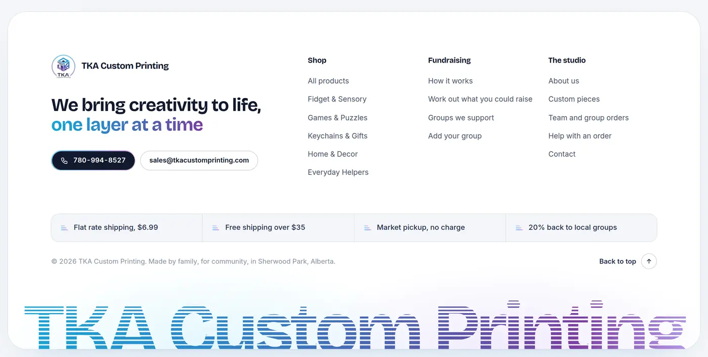 TKA Custom Printing footer with the studio name printed in layers