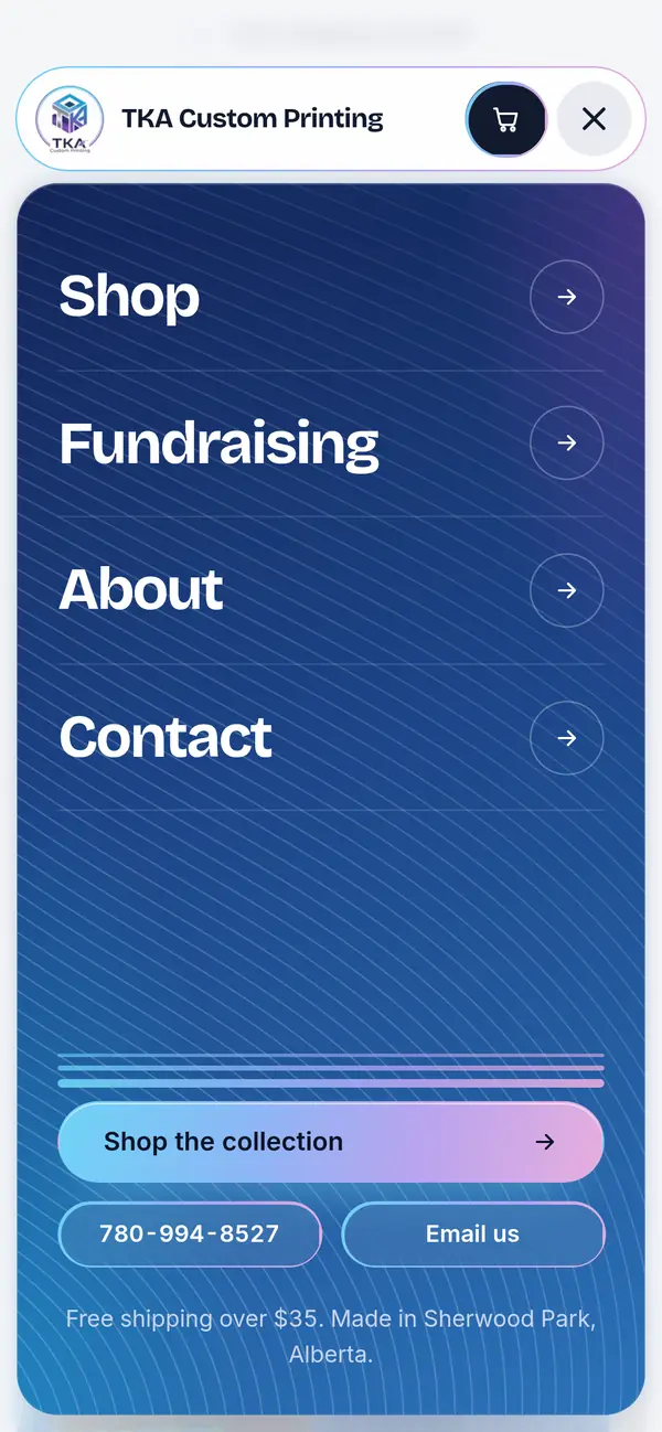 TKA Custom Printing mobile menu, a sheet of the hero sky