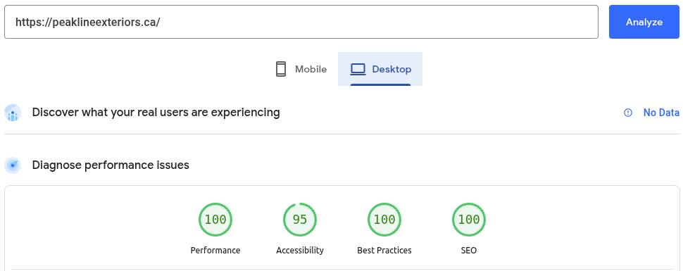 Peakline Roofing Desktop PageSpeed Score